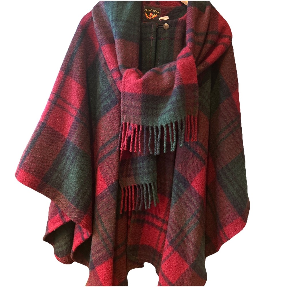 Creagaran Scotland VTG Plaid Green‎ Red Navy Poncho Button Cape+ Scarf 100% Wool